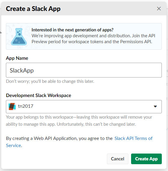 The Create App dialog